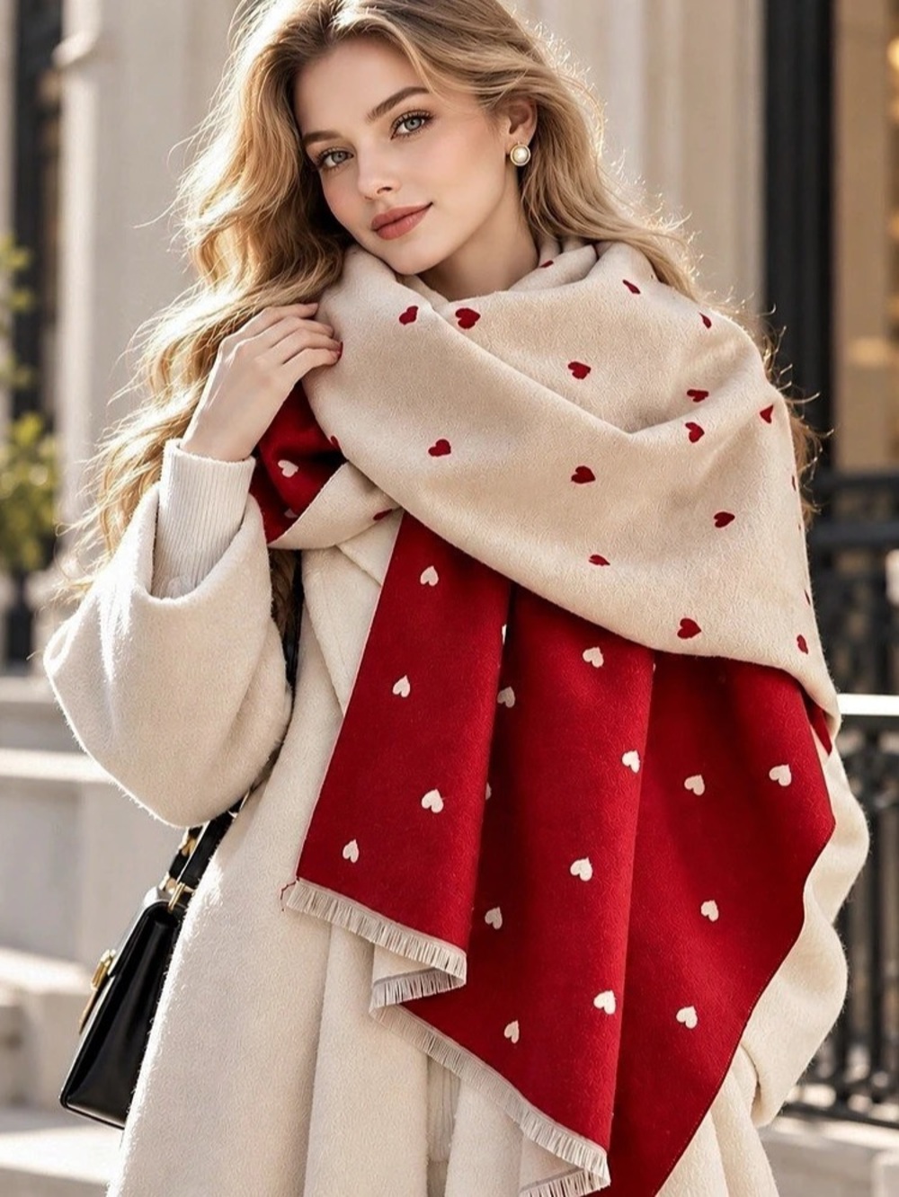 Women’s Reversible Heart Scarf Red Cream Faux Cashmere Shawl Wrap Holiday Gift